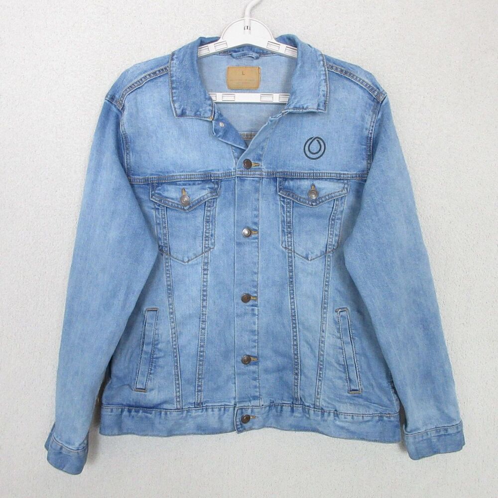 MONAT Denim Jacket Womens L Light Wash Graphic REVOLUTION Back Logo Button Front